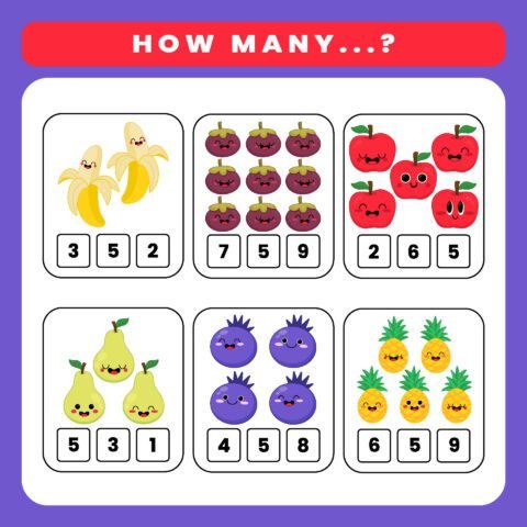 Homework worksheet for Numbers. | HeLovesMath Colorful counting worksheet for kids with cartoon fruits like bananas, apples, pears, blueberries, pineapples, and mangosteens