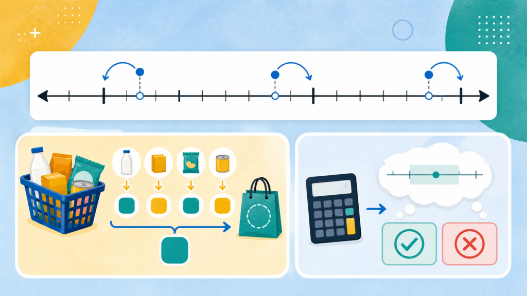 Educational illustration showing a number line, rounding arrows, a shopping basket and a calculator for estimating in maths.