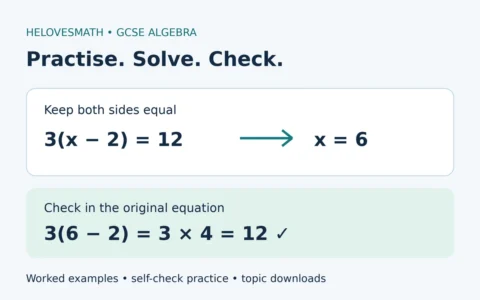 GCSE algebra practice: solve 3(x minus 2) equals 12 to get x equals 6, then check 3(6 minus 2) equals 12.