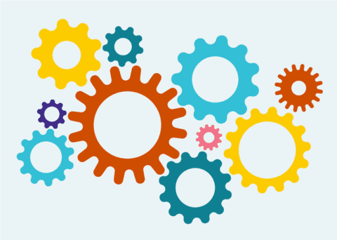 Illustration of colorful interlocking gears and cogs representing mechanics concepts and systems
