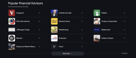 Best Financial Advisors | HeLovesMath Screenshot showing list of best financial advisors and firms including Vanguard, JPMorgan Chase, Fidelity, Edward Jones, and more for wealth management
