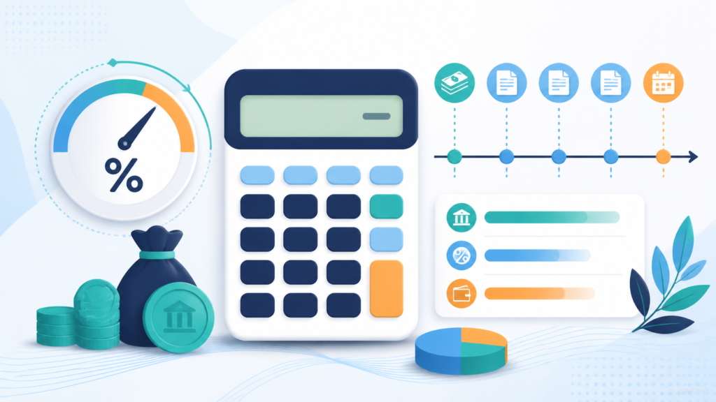 APR calculator illustration with a percentage gauge, calculator, loan fee timeline, and payment chart