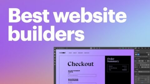 Best Website Builder for Small Businesses in 2025 | HeLovesMath Graphic showing best website builders text with checkout page design on gradient background, representing top website builder tools for small businesses