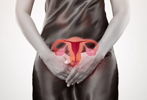Medical illustration of female reproductive system highlighting uterus with choriocarcinoma cancer, hands covering pelvis