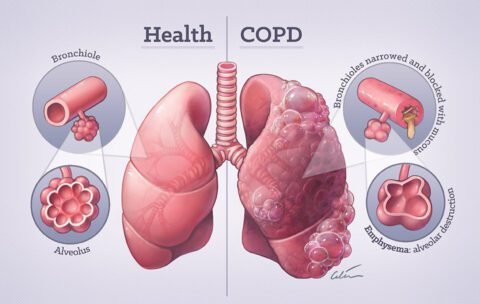 Chronic Obstructive Pulmonary Disease (COPD): A Comprehensive Guide | HeLovesMath Medical illustration comparing healthy lungs and lungs with chronic obstructive pulmonary disease (COPD), showing alveolus and bronchiole damage
