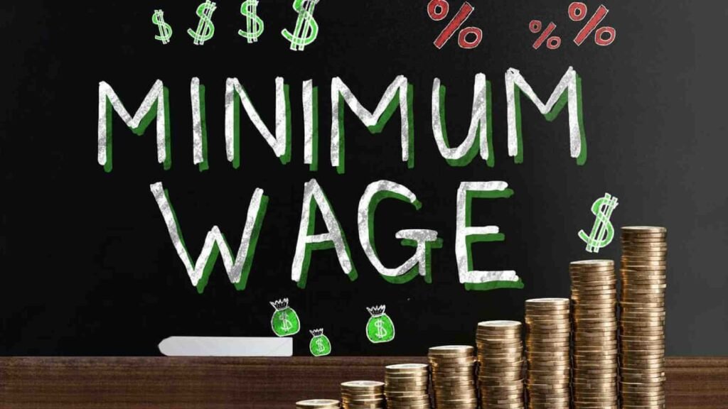 Minimum Wage | HeLovesMath Illustration of stacked coins and minimum wage text with dollar signs and percentages, symbolizing salary growth and income levels