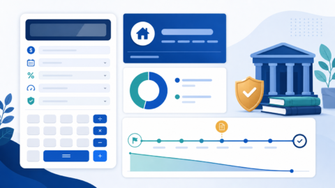 Personal loan calculator illustration with payment inputs, fee chart, lender document, and payoff timeline