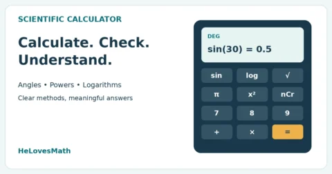 Scientific calculator illustration displaying sin 30 degrees equals 0.5, with keys for logarithms, roots, powers and combinations.