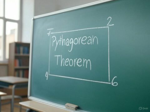 The Pythagorean Theorem Formula | HeLovesMath Chalkboard drawing of a right triangle labeled 2, 4, 6 with text “Pythagorean Theorem” written inside, classroom background – HeLovesMath.com