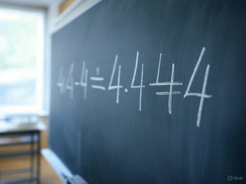 The Hardest Easy Math Problem: The 4x4-4÷4+4 Challenge | HeLovesMath Math problem “4×4−4+4+4” written in chalk on a classroom blackboard, representing the hardest easy math puzzle challenge – HeLovesMath.com