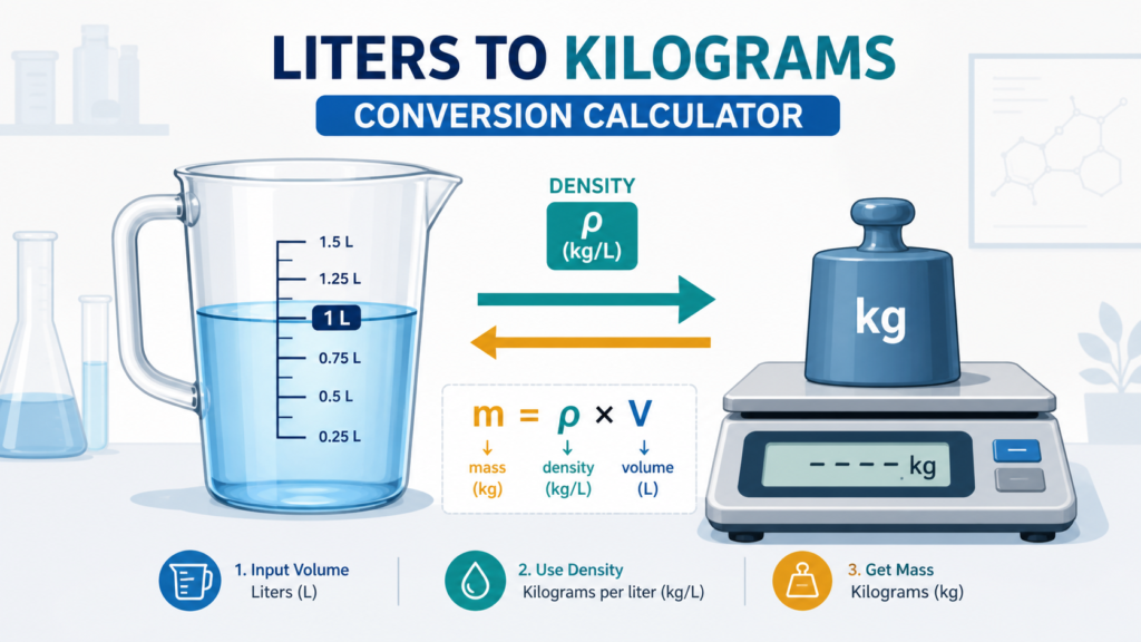 Liters to kilograms conversion diagram showing a 1-liter measuring jug, density, and a kilogram scale