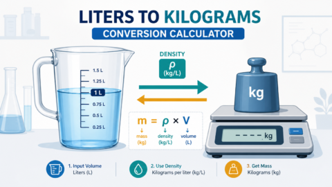 Liters to kilograms conversion diagram showing a 1-liter measuring jug, density, and a kilogram scale
