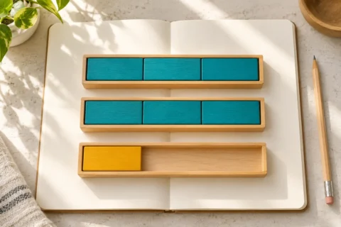 Wooden fraction trays on a notebook show two whole teal bars and one golden third.
