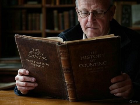 The History of Counting: From Fingers to Infinity | HeLovesMath Older man with glasses reading an old leather-bound book titled “The History of Counting: From Fingers to Infinity” in a library setting – HeLovesMath.com
