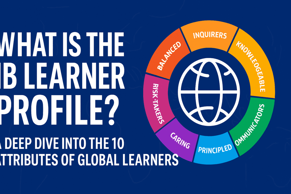 What Is the IB Learner Profile? A Deep Dive Into the 10 Attributes of Global Learners | HeLovesMath Blue graphic with text “What Is the IB Learner Profile? Deep Dive Into the 10 Attributes of Global Learners” and colorful circular diagram of IB learner attributes around a globe icon – HeLovesMath.com