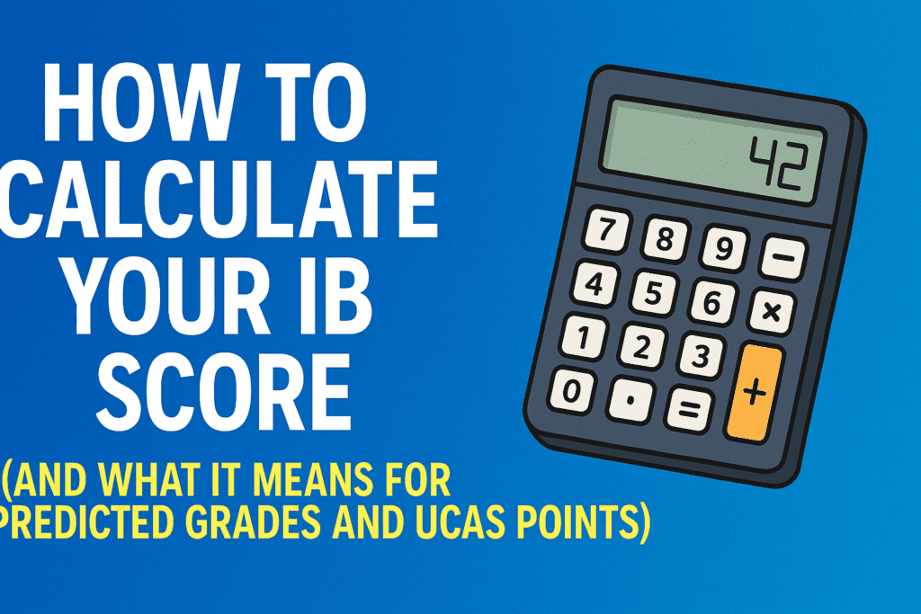 How to Calculate Your IB Score (And What It Means for Predicted Grades and UCAS Points) | HeLovesMath Blue graphic with large calculator displaying 42, text reading “How to Calculate Your IB Score and What It Means for Predicted Grades and UCAS Points” – HeLovesMath.com
