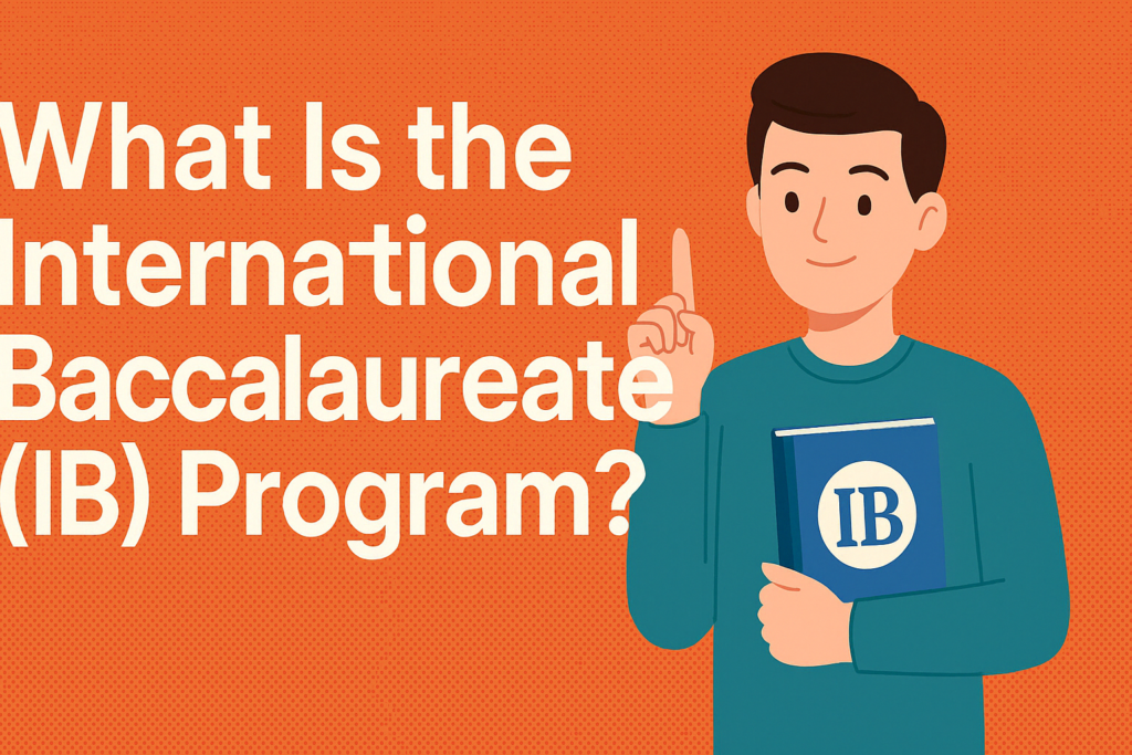 What Is the International Baccalaureate (IB) Program? The Ultimate Parent & Student Guide | HeLovesMath Illustration of student holding IB book and pointing upward, with text “What Is the International Baccalaureate (IB) Program?” on orange background – HeLovesMath.com