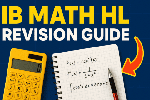 IB Math HL Revision Guide | Strategies, Past Papers & IA Tips | HeLovesMath Image showing IB Math HL Revision Guide text, yellow calculator, notebook with calculus formulas, and red pen on blue background – for strategies, past papers, and IA tips at HeLovesMath.com