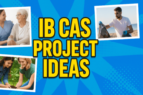 IB CAS Project Ideas | Creative, Service & Activity-Based Examples for 2025 | HeLovesMath Graphic with bold text ‘IB CAS Project Ideas’ on a blue starburst background, featuring photos of students doing community service, planting, and cleaning up, representing CAS project examples