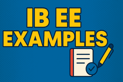 IB EE (Extended Essay) Examples | Real Topics & High-Scoring Templates | HeLovesMath Graphic with bold text ‘IB EE Examples’ on a blue background featuring an icon of a notebook, pen, and check mark, representing IB Extended Essay sample topics and templates