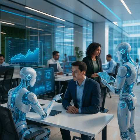 Futuristic office scene with humanoid robots collaborating with business professionals at desks, analyzing data on digital screens, representing AI and data robots in business analytics