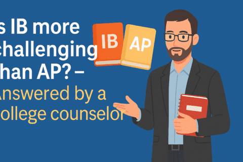 Is IB More Challenging Than AP? A College Counselor’s Honest Take | HeLovesMath Illustration of a college counselor holding a red book, explaining the comparison between IB and AP programs, with floating IB and AP books, representing the debate on which program is more challenging