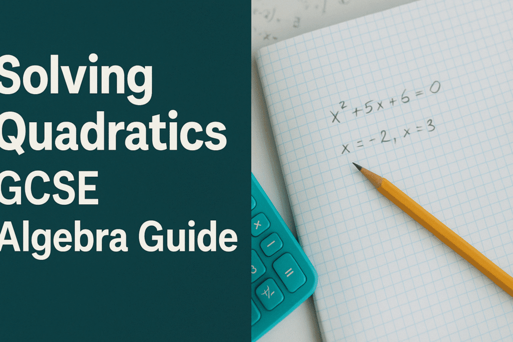 Solving Quadratics – Complete GCSE Algebra Guide for Students | HeLovesMath Illustration of solving quadratic equations for GCSE Algebra, showing handwritten solution of x² + 5x + 6 = 0 with roots x = -2 and x = -3 on graph paper with a pencil and calculator