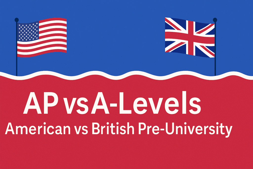 AP vs A-Levels: A Complete Comparison for International Students | HeLovesMath Illustration of AP vs A-Levels comparison featuring US and UK flags, representing American Advanced Placement and British A-Levels for international students deciding on pre-university programs