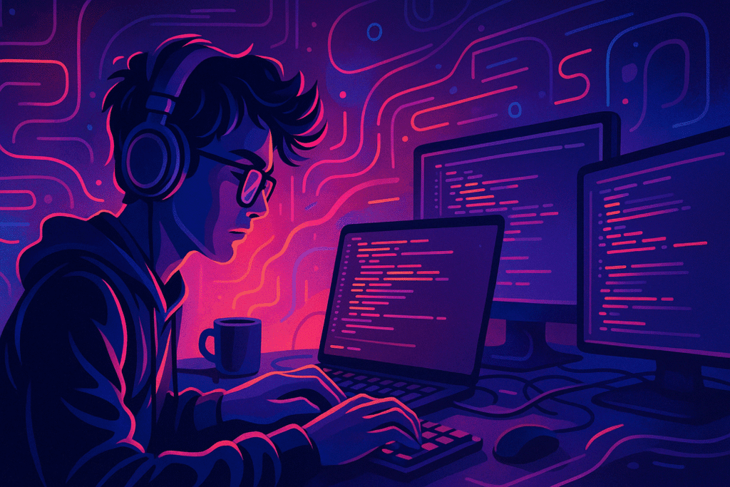 Digital illustration of a programmer wearing headphones, typing on a laptop with code on multiple monitors, representing modern creative software development.