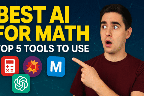 Surprised man pointing at icons of top AI math tools including calculator, ChatGPT, Wolfram Alpha, and other apps with text ‘Best AI for Math: Top 5 Tools to Use’.