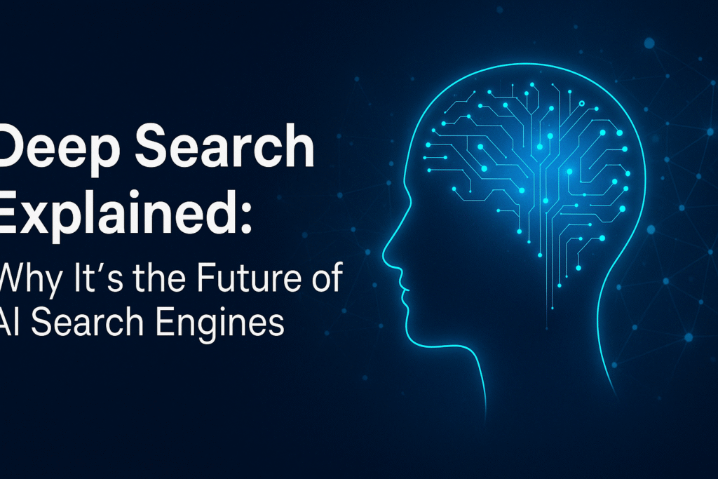 Digital illustration of a human head with brain-shaped circuit board, representing deep search technology and the future of AI search engines like ChatGPT, Gemini, Grok, Claude, DeepSeek, and Copilot.