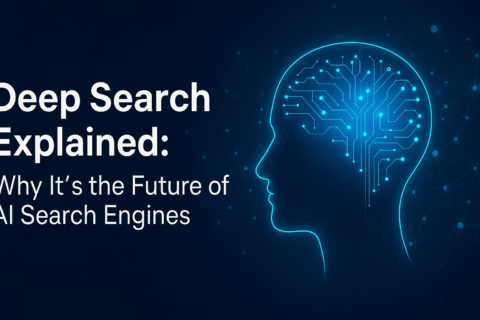 Deep Search Explained | HeLovesMath Digital illustration of a human head with brain-shaped circuit board, representing deep search technology and the future of AI search engines like ChatGPT, Gemini, Grok, Claude, DeepSeek, and Copilot.