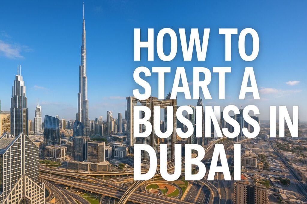 Dubai skyline with Burj Khalifa and road network featuring text 'How to Start a Business in Dubai', representing a business setup guide.
