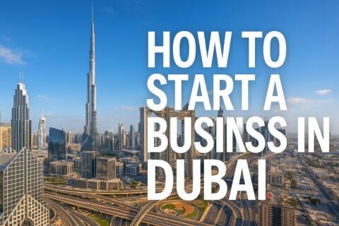 Dubai skyline with Burj Khalifa and road network featuring text 'How to Start a Business in Dubai', representing a business setup guide.