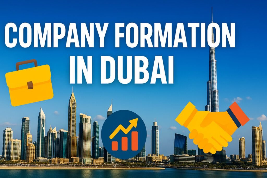 Dubai skyline with Burj Khalifa, briefcase, growth chart, and handshake icons representing company formation and business setup in Dubai.