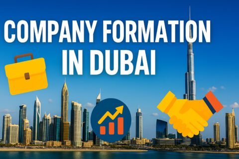 Dubai skyline with Burj Khalifa, briefcase, growth chart, and handshake icons representing company formation and business setup in Dubai.