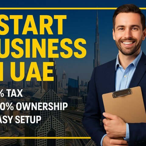 Start Business in UAE: Step-by-Step Guide for 2025 | HeLovesMath Smiling businessman holding clipboard in front of Dubai skyline and Burj Khalifa, highlighting 0% tax, 100% ownership, and easy business setup in UAE.