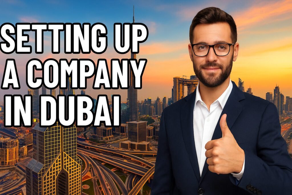 Businessman giving thumbs up in front of Dubai skyline with Burj Khalifa at sunset, representing company setup process in Dubai.