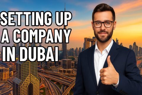Setting Up a Company in Dubai: Step-by-Step Process | HeLovesMath Businessman giving thumbs up in front of Dubai skyline with Burj Khalifa at sunset, representing company setup process in Dubai.