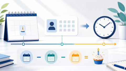 Age calculation illustration showing a date of birth, calendar timeline, and birthday clock