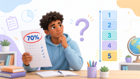 Student comparing a 70% practice result with the AP 1–5 score scale