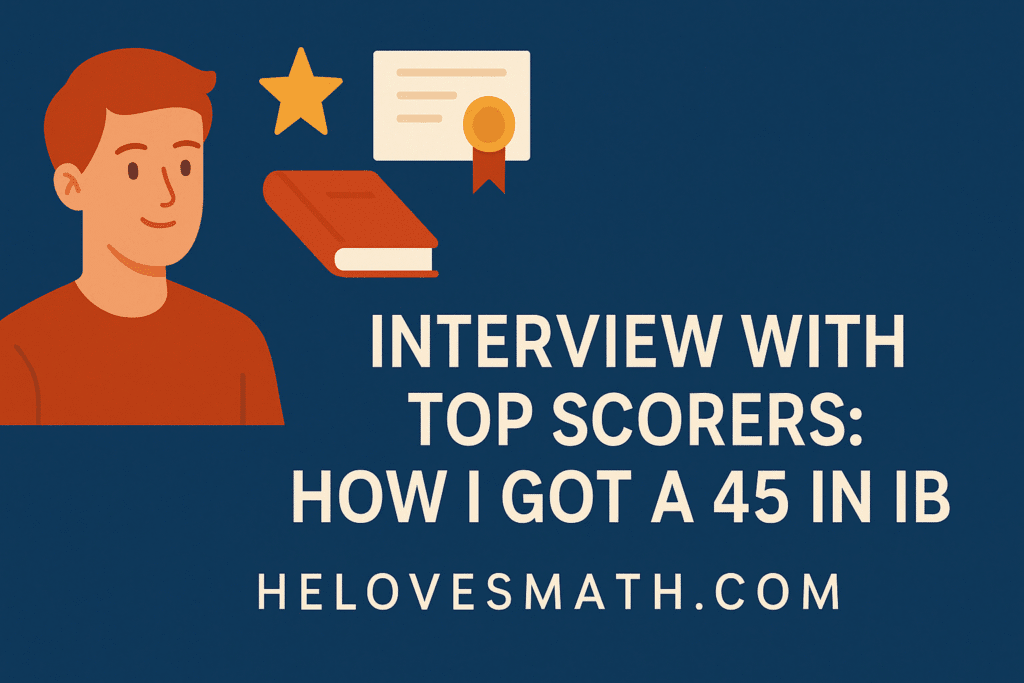 How I Got a 45 in IB & Straight As in A-Level – Top Scorer Interview Tips | HeLovesMath Illustration of a top-scoring student with a certificate, star, and book, representing an interview about achieving a perfect 45 in IB and straight As at A-Level