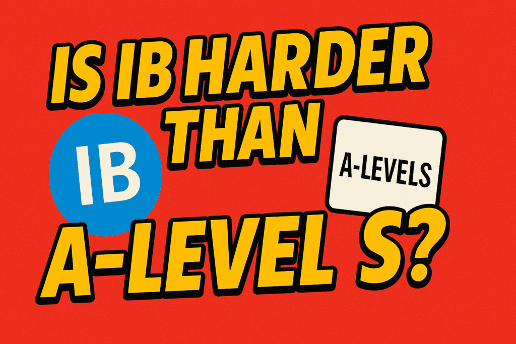 Is IB Harder Than A-Levels? Full Comparison for Students & Parents | HeLovesMath Red graphic with bold text “Is IB Harder Than A-Levels?” featuring IB logo in blue circle and A-Levels text in white box – HeLovesMath.com