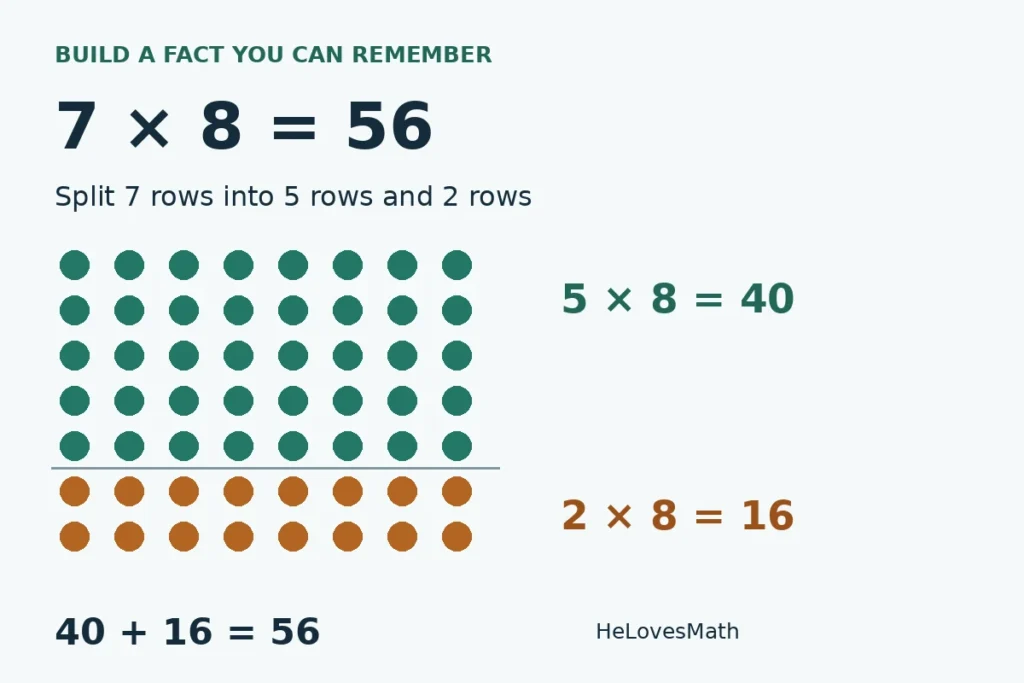 Seven rows of eight dots split into five rows of 40 dots and two rows of 16 dots: 7 × 8 = 40 + 16 = 56.