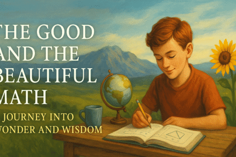 The Good and the Beautiful Math: A Journey into Wonder and Wisdom | HeLovesMath Illustration of a young boy writing in a math book at a wooden desk with a globe, sunflower, and mountains in the background, promoting The Good and the Beautiful Math program focused on wonder and wisdom