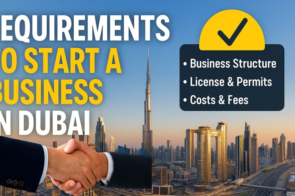 Requirements to start a business in Dubai 2025 guide with handshake, checklist, and Dubai skyline featuring Burj Khalifa