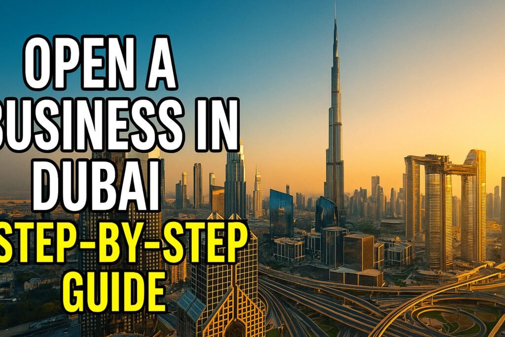 Open a Business in Dubai: Step-by-Step Guide | HeLovesMath Open a business in Dubai step-by-step guide image showing Dubai skyline at sunrise with Burj Khalifa, Dubai Frame, and highways