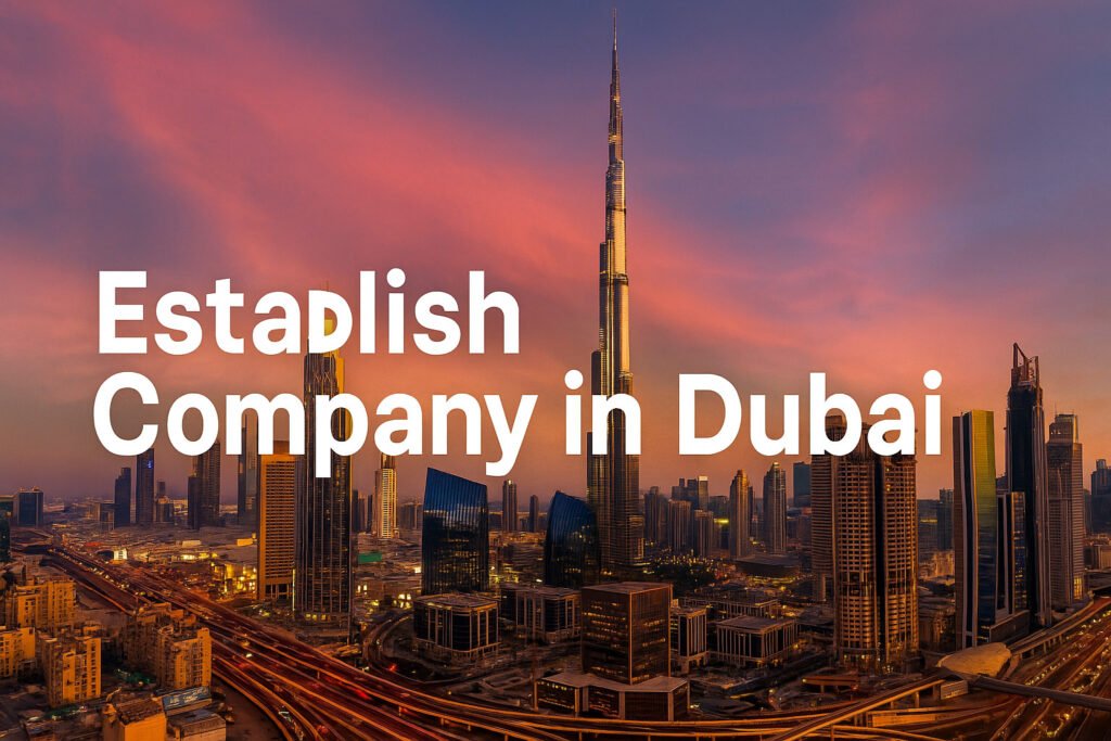 Establish Company in Dubai: Full 2025 Guide for Foreign Investors | HeLovesMath Establish company in Dubai with city skyline at sunset, showing Burj Khalifa and Sheikh Zayed Road – business setup guide 2025 for foreign investors