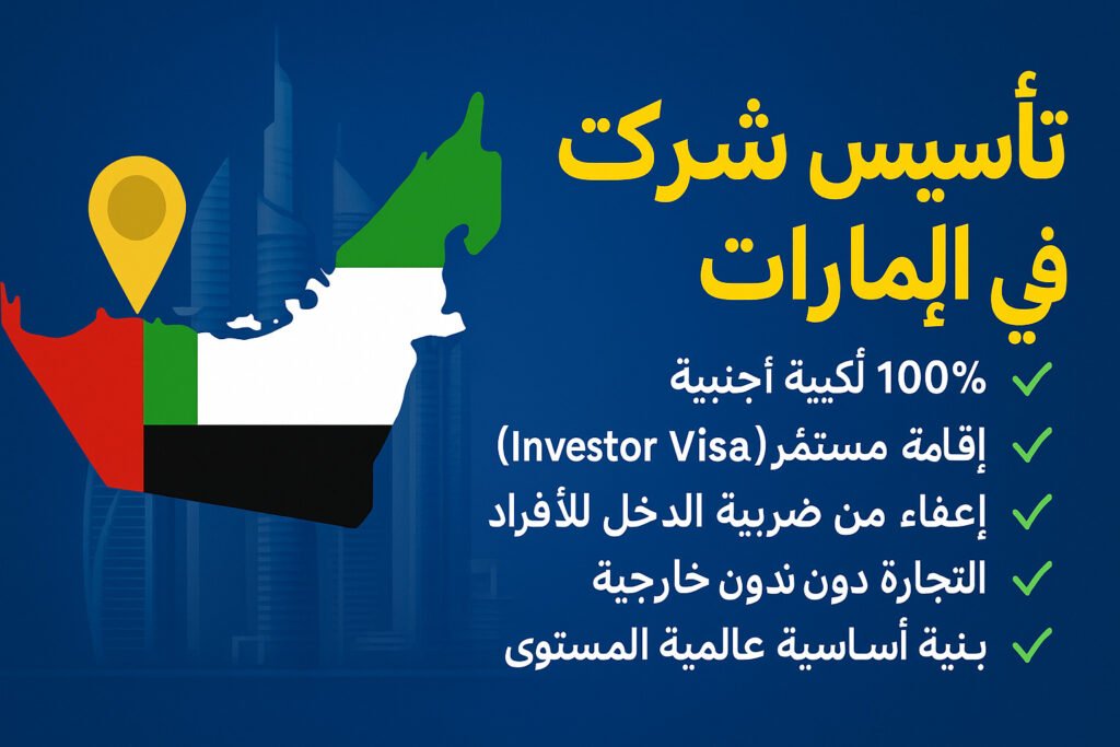UAE company setup guide 2025 with UAE map, location pin, and Arabic text highlighting 100% foreign ownership, investor visa, tax exemption, and global infrastructure benefits