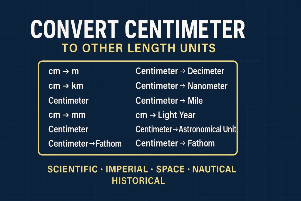 Convert centimeter to meter, kilometer, millimeter, mile, light year, astronomical unit, fathom, nanometer, decimeter – scientific, imperial, space, nautical, and historical units chart